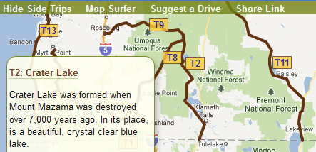 Side Trips, such as this one to Crater Lake, can now be shown on the state maps.