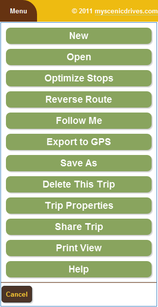 myscenicdrives.com Mobile Road Trip Planner menu allows you to access all of your favorite features.