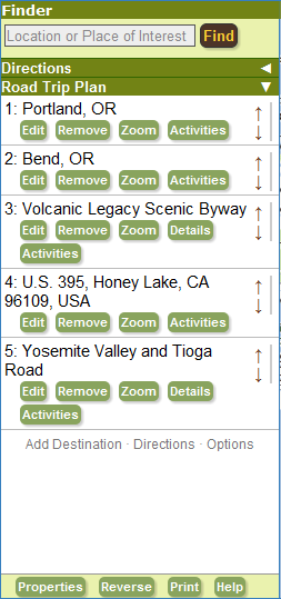 Control your entire itinerary from the Road Trip Plan portion of the myscenicdrives.com Road Trip Planner.