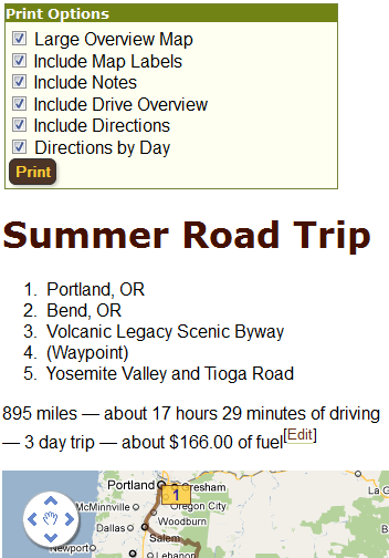 Print a step by step itinerary of your road trip with all the information you need.