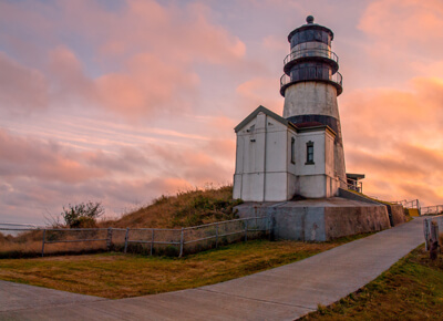 Cape Disappointment Lighthouse at sunset.